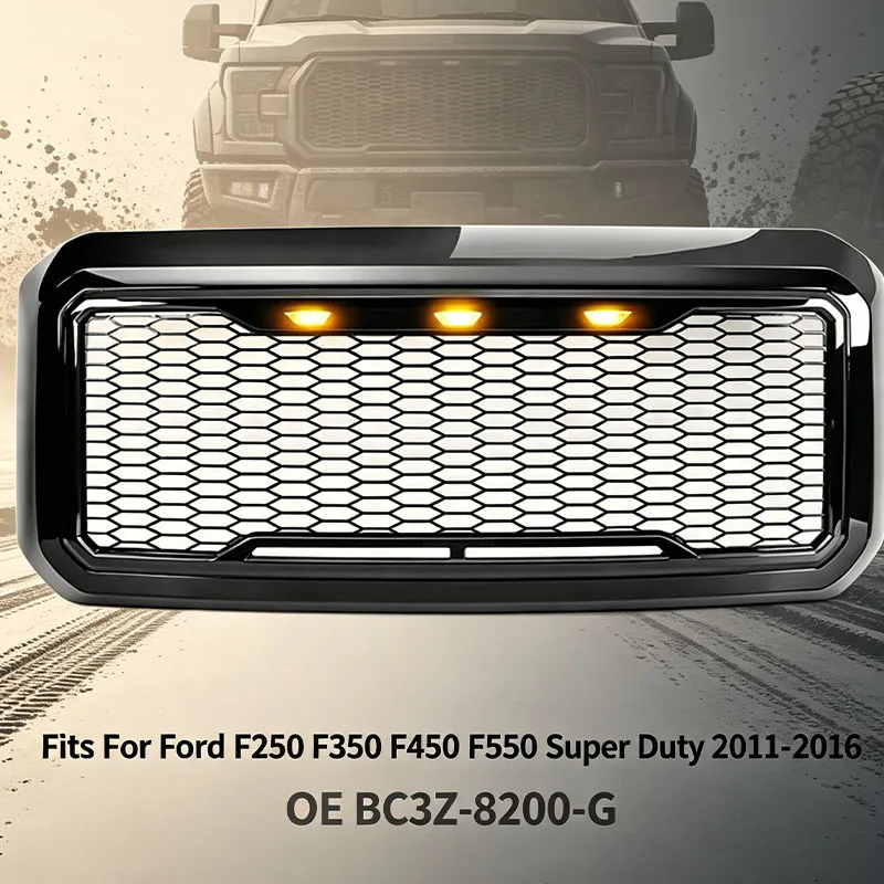 Глянцевая черная решетка радиатора в стиле Raptor подходит для Ford F250 F350 F450 F550 Super Duty 2011-2016, артикул OE BC3Z‑8200‑G.