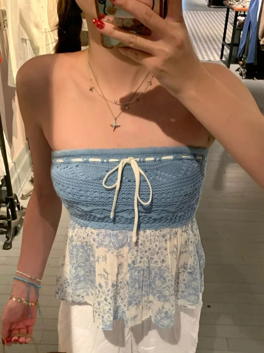 

Sexy Floral Crochet Patchwork Tube Top Women Summer Lace-up Bow Sleeveless Slim Tank Tops Simple Casual Sweet Cropped Camisole