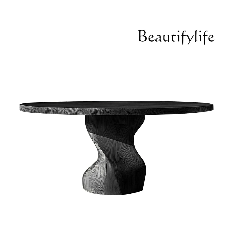 

Italian minimalist round black solid wood dining table special-shaped wabi-**** wind high-end ash wood home