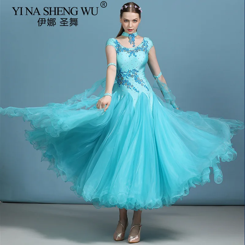 Women Waltz Competition Ballroom Dress Standard Mordern Dance Performance Stage Costume Evening Gowns Short Sleeves Rhinestones