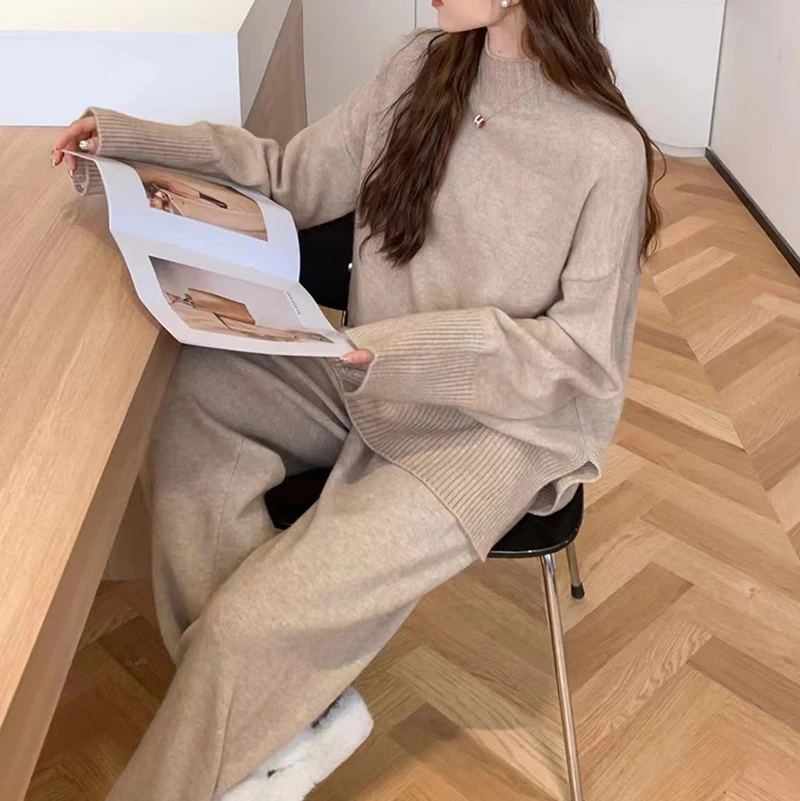 New Wool Cashmere Knitted Women\'s Two Pieces Set Casual Loose Turtleneck Long Sleeve Pullover Sweater + Wide Leg Pants Tracksuit