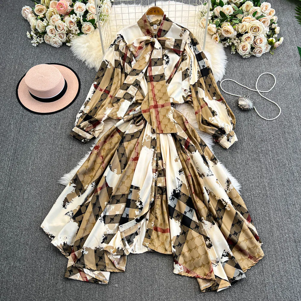 European and American high-quality retro elegant lantern sleeved Irregular A-line print Femae Casual  Party Dress For Women New