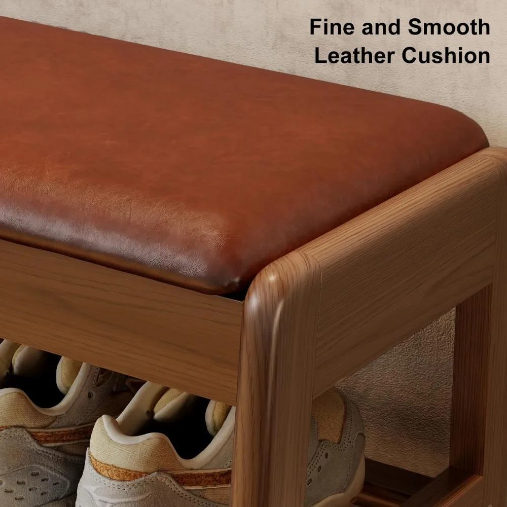 Leather Cushioned 2-Tier Shoe Bench with Flip-Top Storage for Entryway in Orange, 23.62 Inches