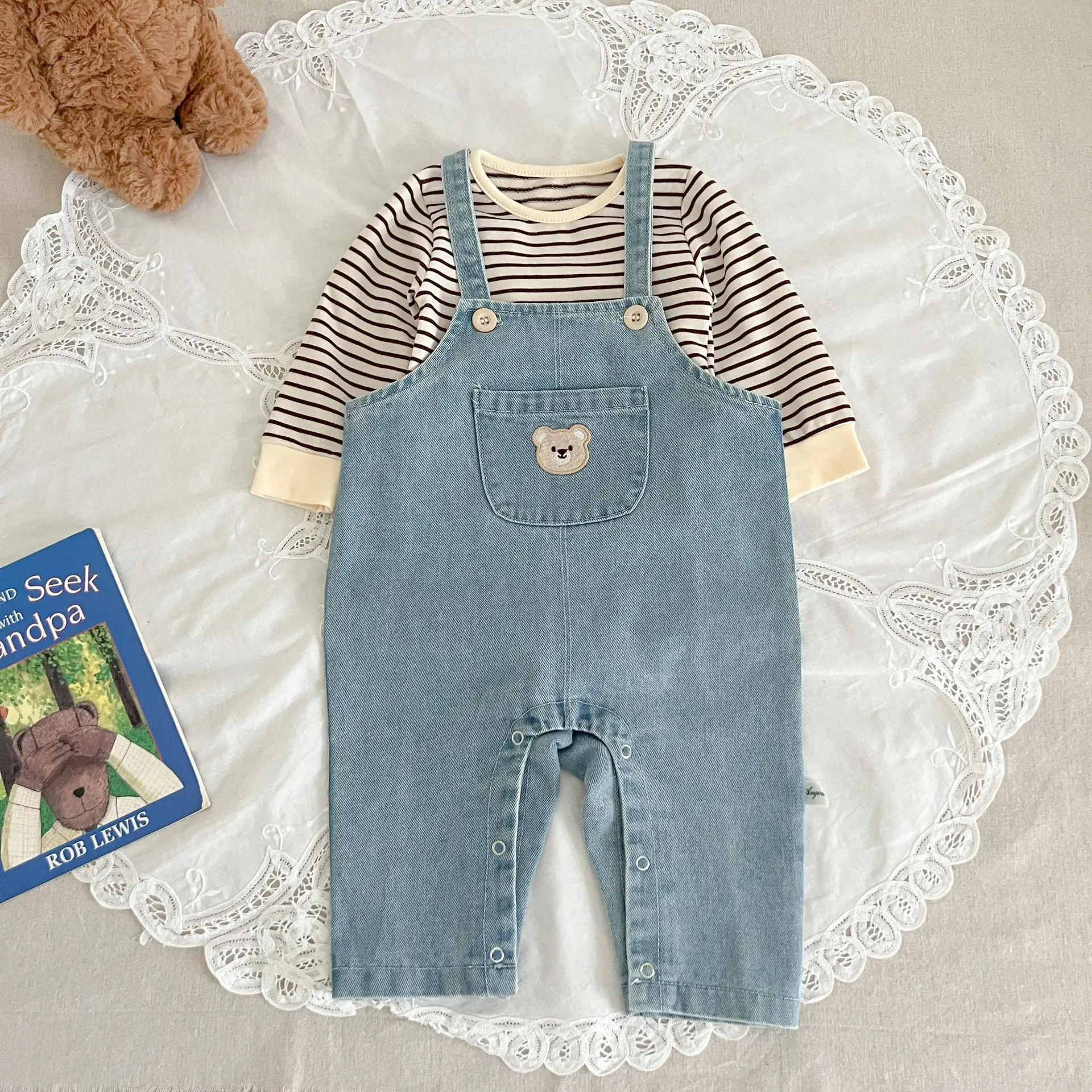 2024 Korean Spring Autumn Baby Girls 2PCS Clothes Set Cotton Striped Tops Denim Suspender Pants Suit Toddler Girls Outfits