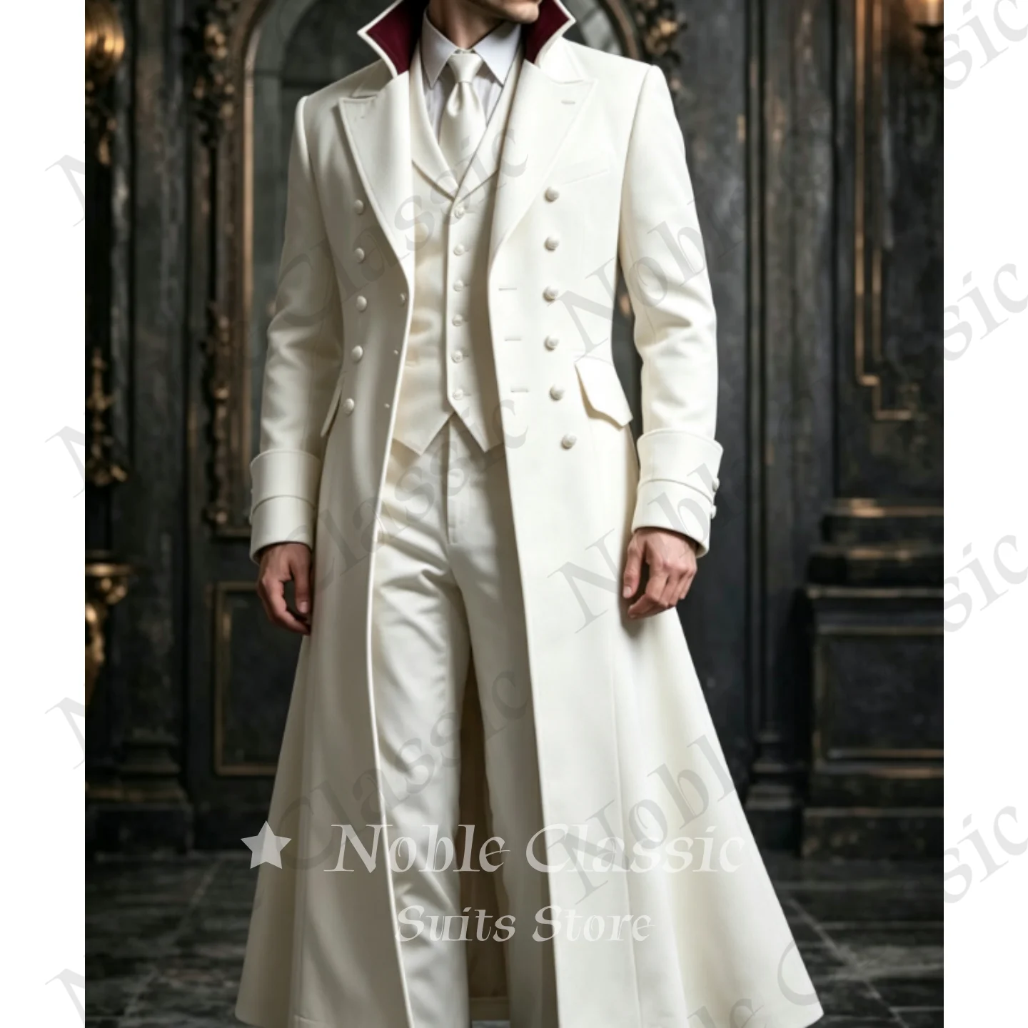 Victorian Gothic Mens Single Long Coat Double Breasted Red Lined Steampunk Vampire Overcoat Formal Outfit Wedding Customized