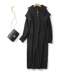 Ethereal MD 2023  autumn new style of Women's casual old money style black knit dress with zipper collar