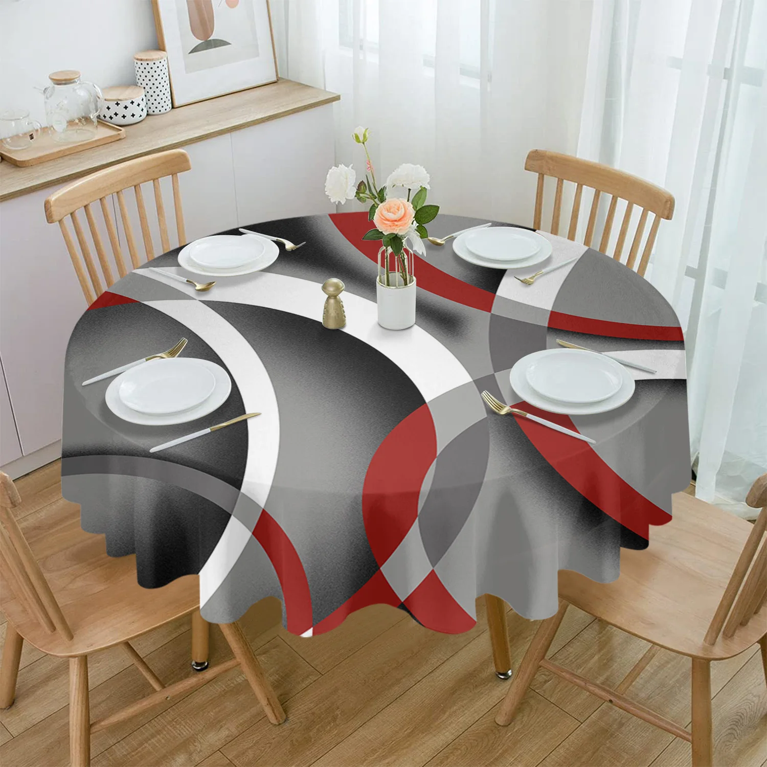 Geometric Circle Mottled Modern Art Red Waterproof Tablecloth Wedding Home Kitchen Dining Room Table Decor Round Table Cover