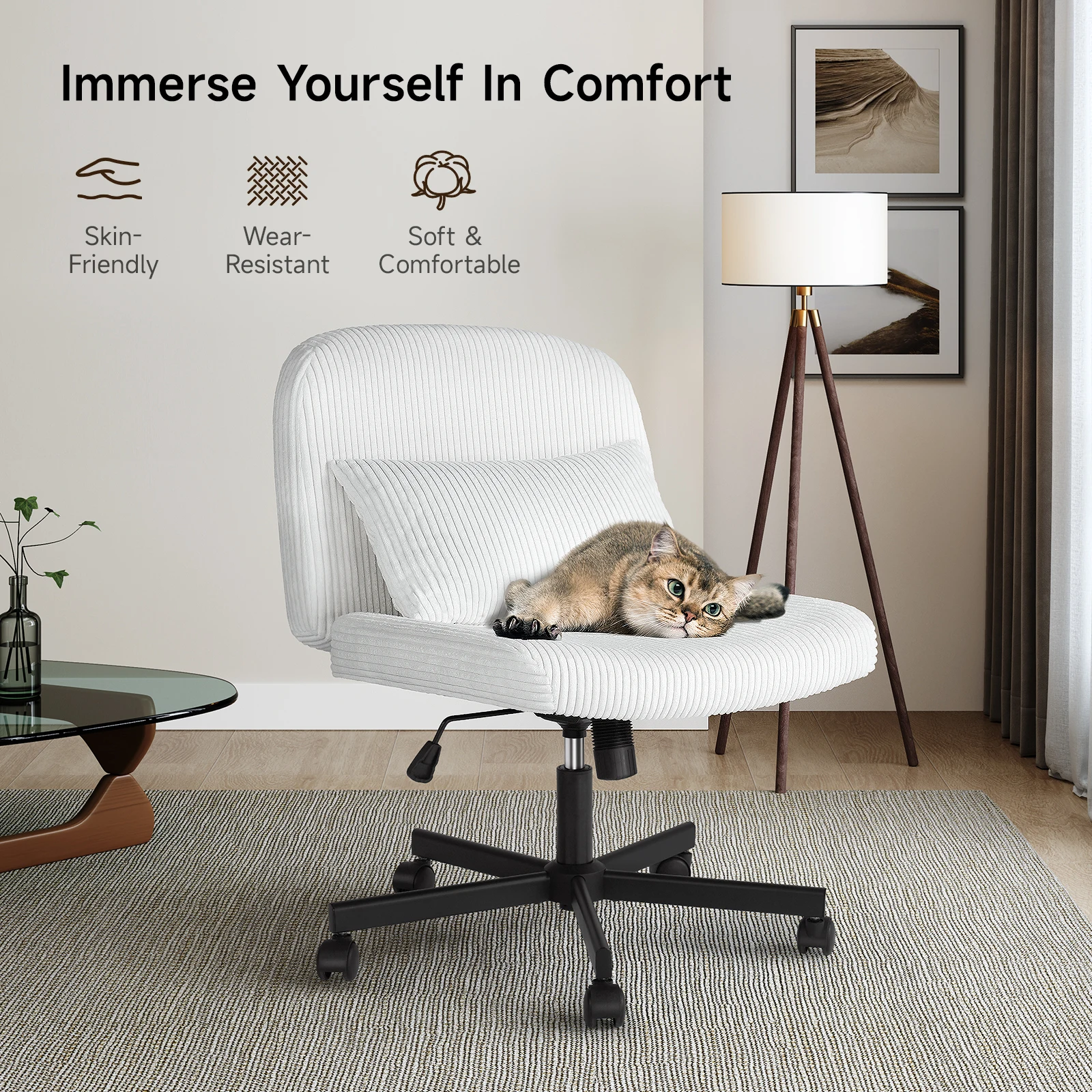 Massage Cross Leg Office Chair w/ Double Layer Sponge Cushion,Corduroy/Pearl Velvet Wide Armrest Desk Chair Mid Back Adjustable image 2
