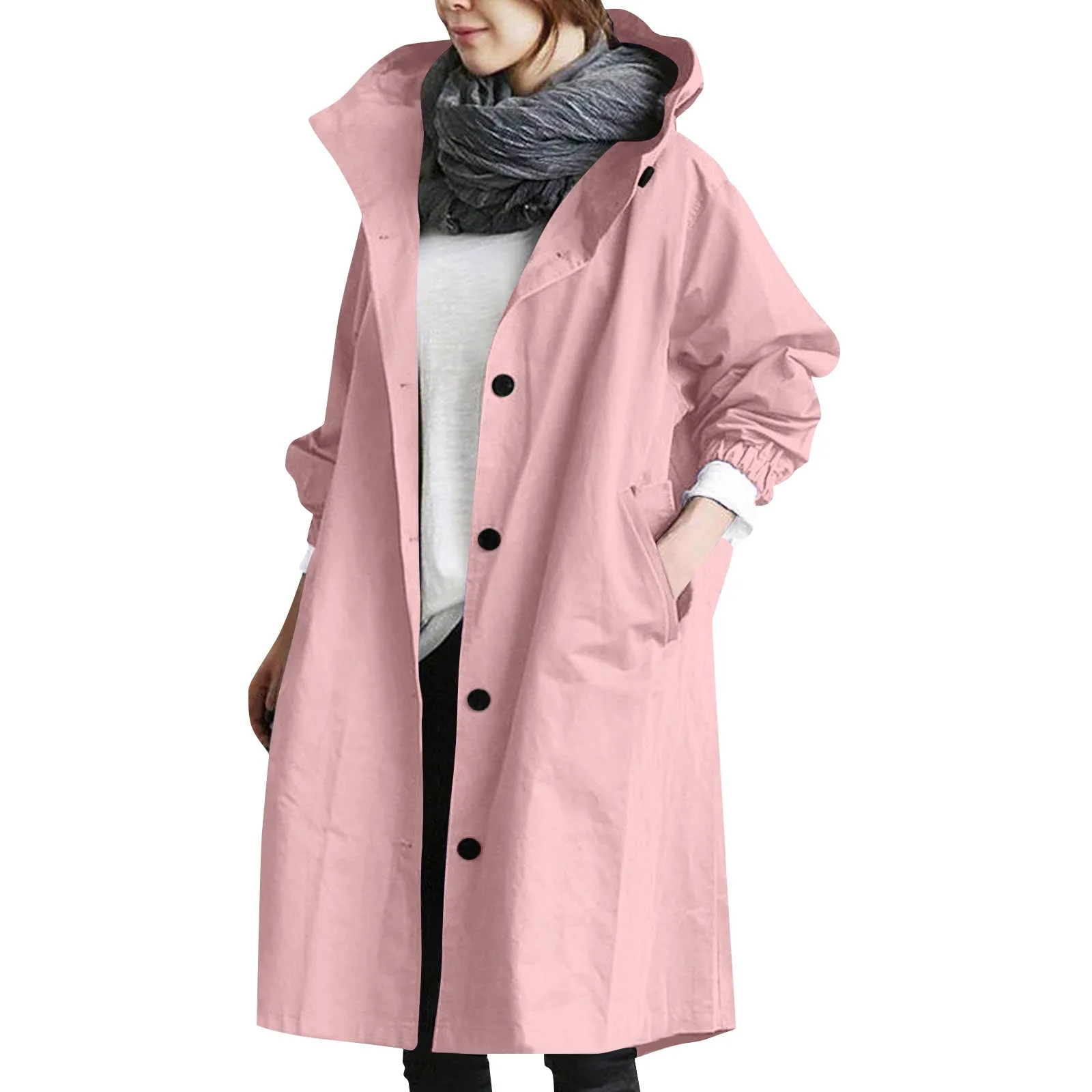 Women's Solid Color Elegant Windbreaker Loose Comfortable Hooded Temperament Ladies Raincoat Trendy Women's Long Trench Coat
