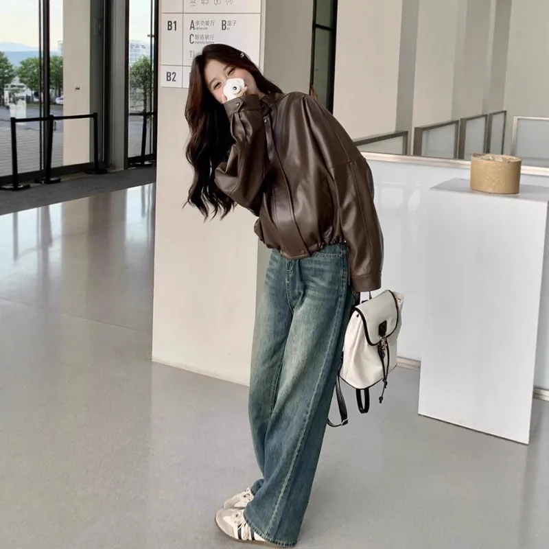 Jaqueta Feminina Vintage de Couro PU, Moda Casual, Outono Inverno, Corta-Vento com Zíper, Streetwear, Blazer Feminino, Roupa Nova