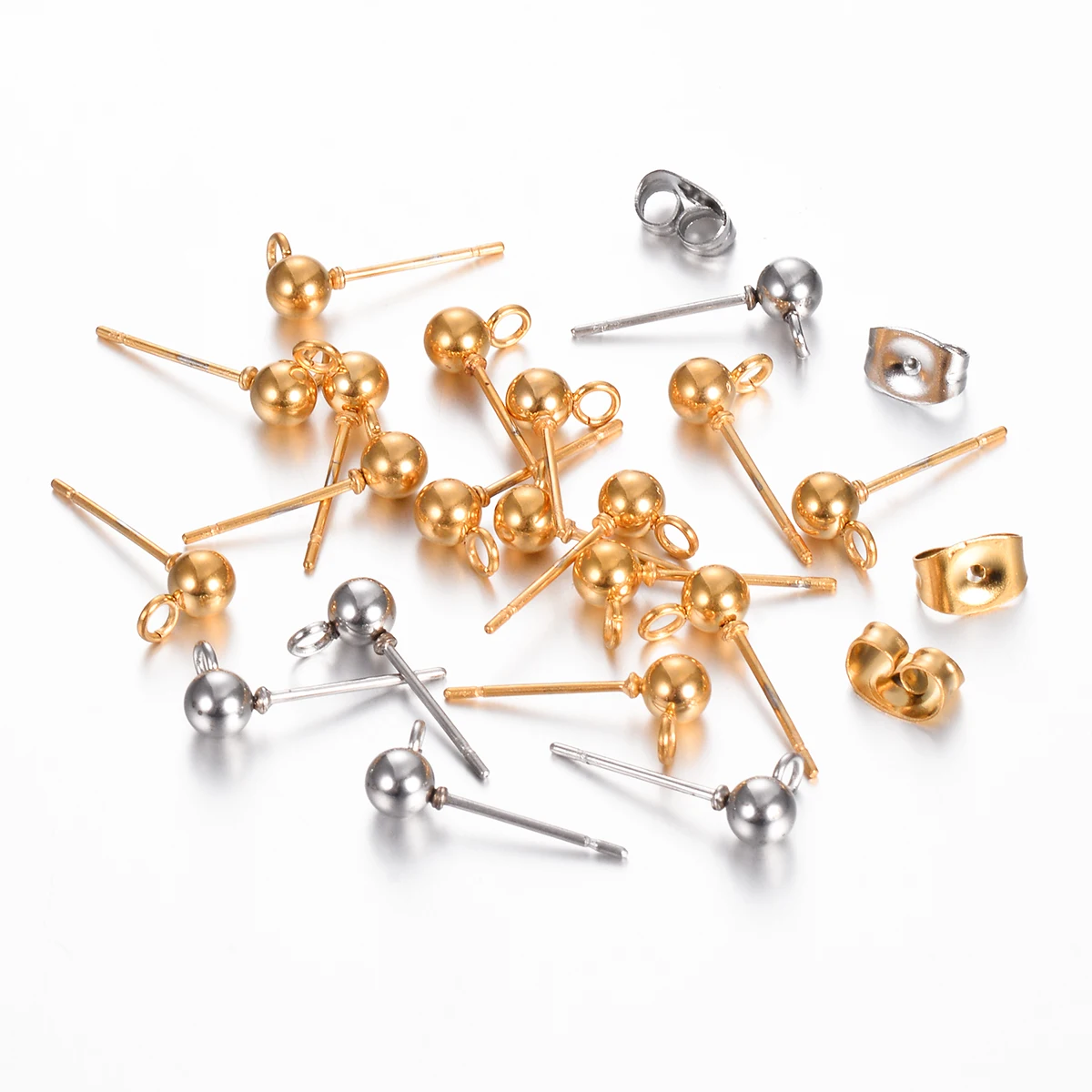 Wholesale 20-100pcs/lot Stainless Steel Round Ball Earrings Stud Post Ear Backs with Loop 3 4 5 6mm for DIY Jewelry Making