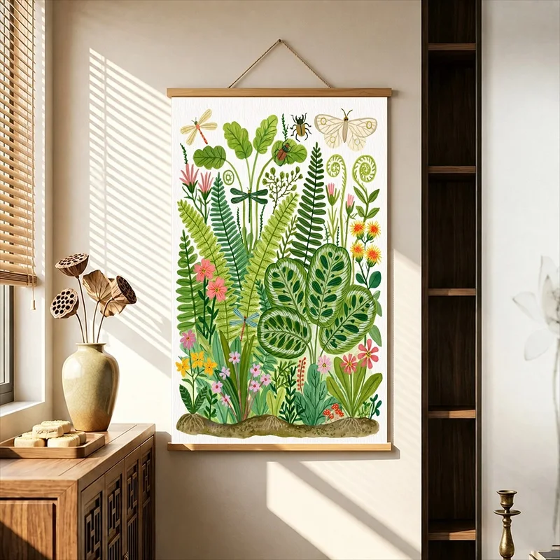 Wall Art Lush Secret Garden with Ferns and Wildflowers, Maximalist Botanical Pearlescent Canvas Hanging Scroll for Cafe Interior