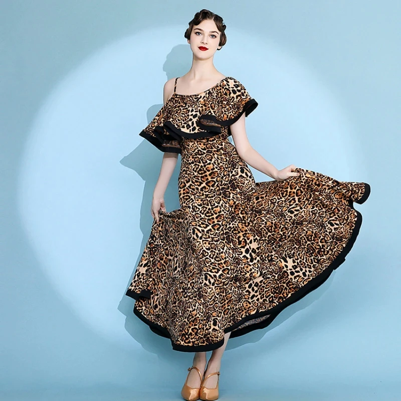 New Female Ballroom Dress Leopard Irregular Design Tango Dress Standard Ballroom Waltz Modern Dance Competition Dancewear S9087