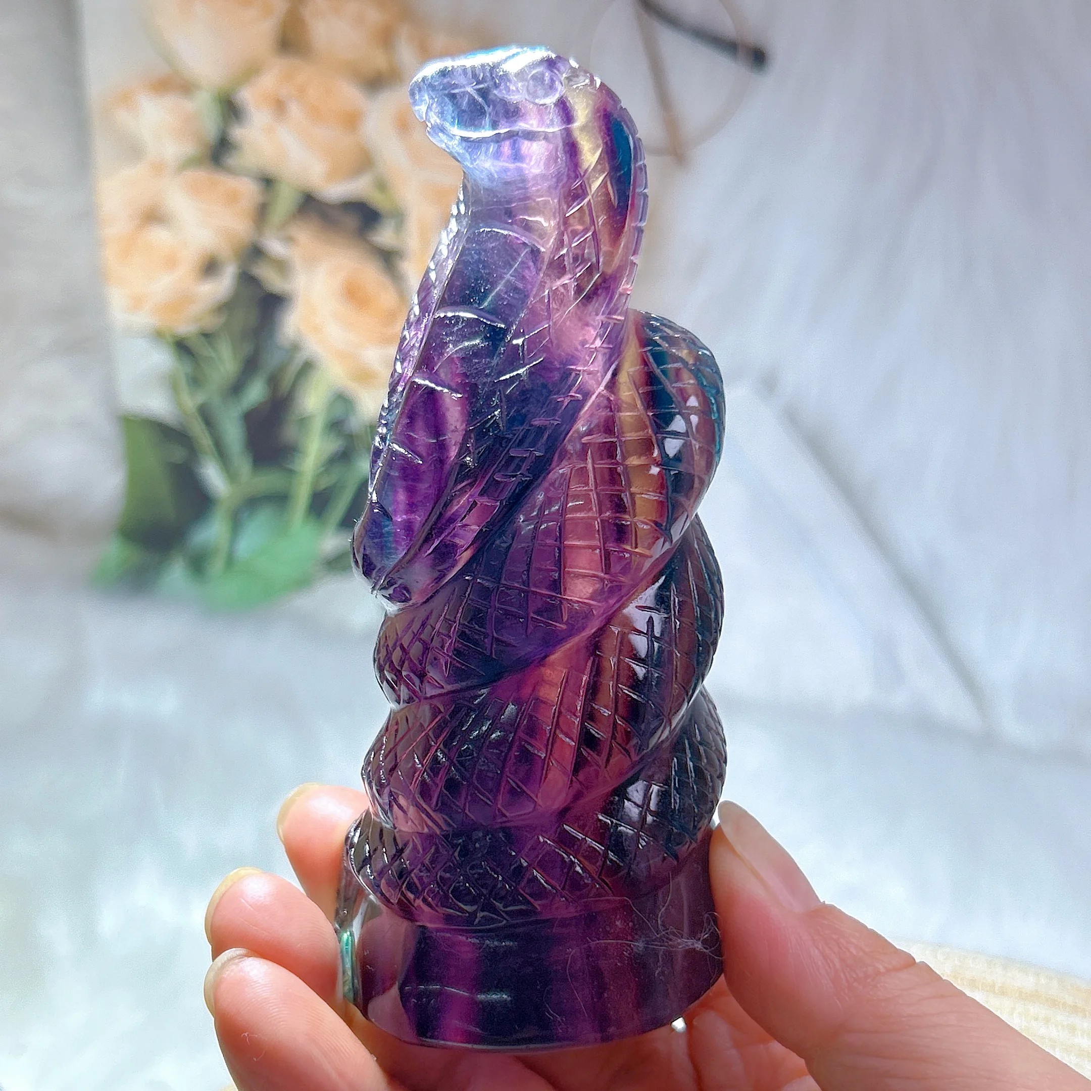 

Natural Crystals Rainbow Fluorite Snake Carving Colorful Gemstones Healing High Quality Energy Reiki Home Decroration Room Decro