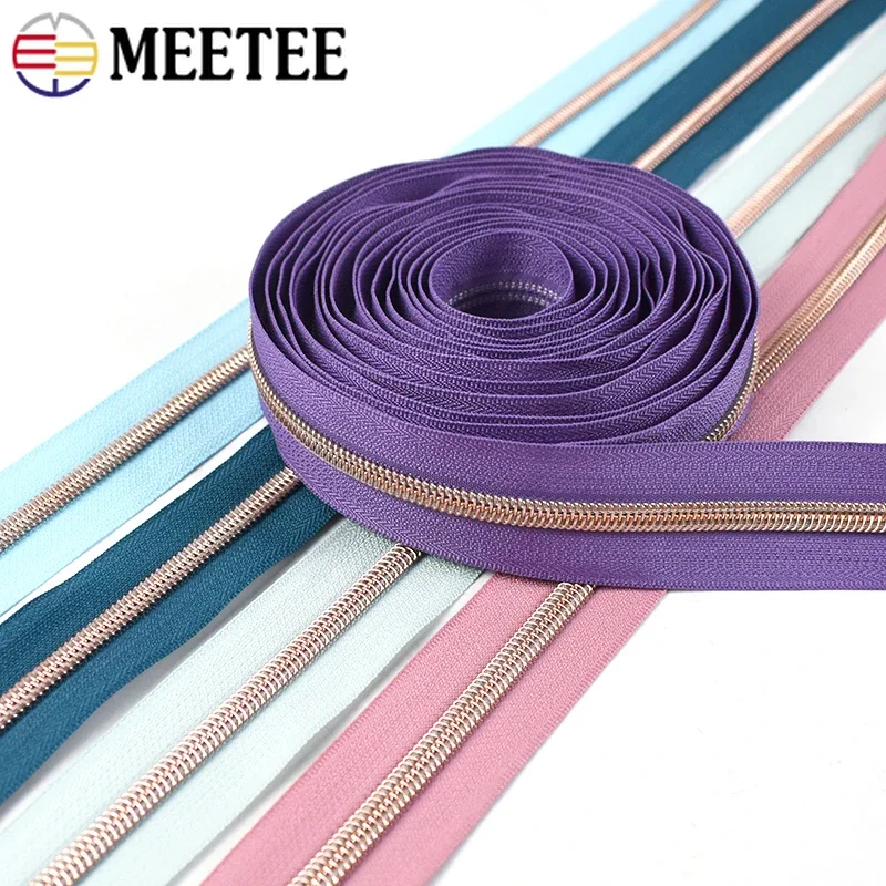 Meetee 2/3/4/5M 5# RoseGold Zipper Tape+Zippers Slider Puller Bag Pocket Sewing Closure Zip Coil Clothing Zips Head Accessories