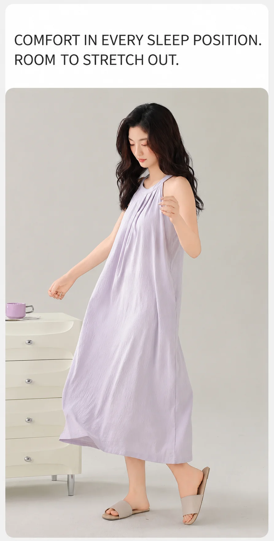 Damen Gepolstertes Ärmelloses Nachthemd mit Eingebautem BH, Herausnehmbaren Polstern, Langes, Weiches Schlafkleid, Sommer-Loungewear, Hauskleid mit Tasche – Detail 25