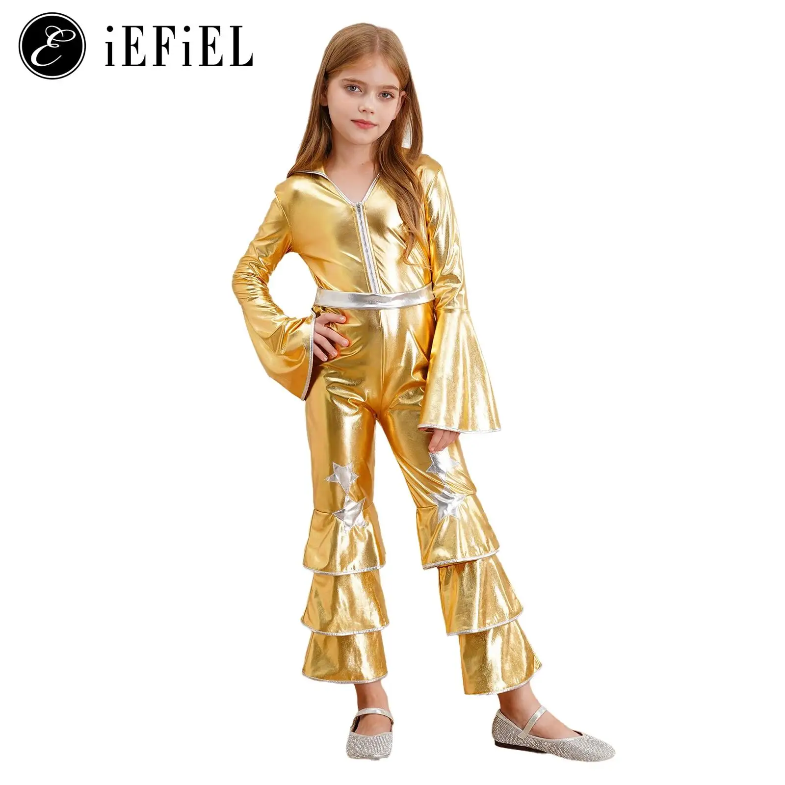 Kids Girls Boys 90s Rock Star Disco Dance Costume Metallic Bell Sleeve Ruffles Pants One Piece Jumpsuits Flapper Cosplay