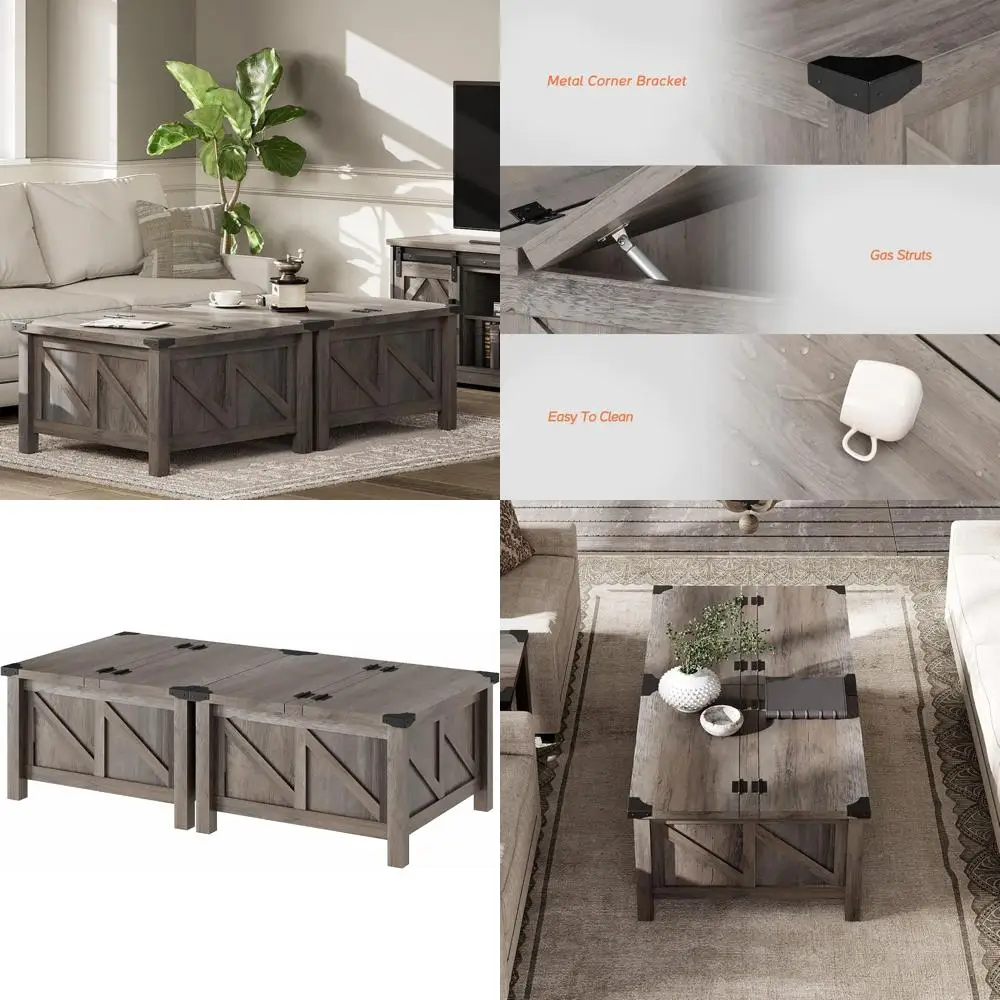 

Журнальный столик в деревенском стиле в фермерском доме с подъемным верхом для хранения вещей, 60 x 30 дюймов, серая стирка для гостиной