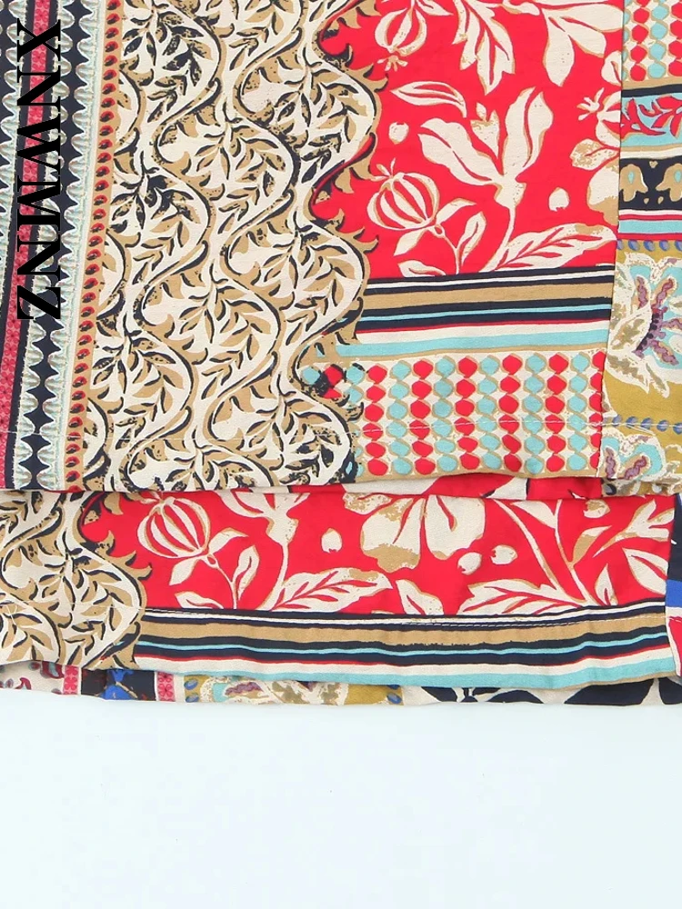 XNWMNZ 2025 Summer New Female Trendy High Waist Long Pants Vintage Woman's Bottoms Ruffles Regular Fit Pockets Print Patchwork