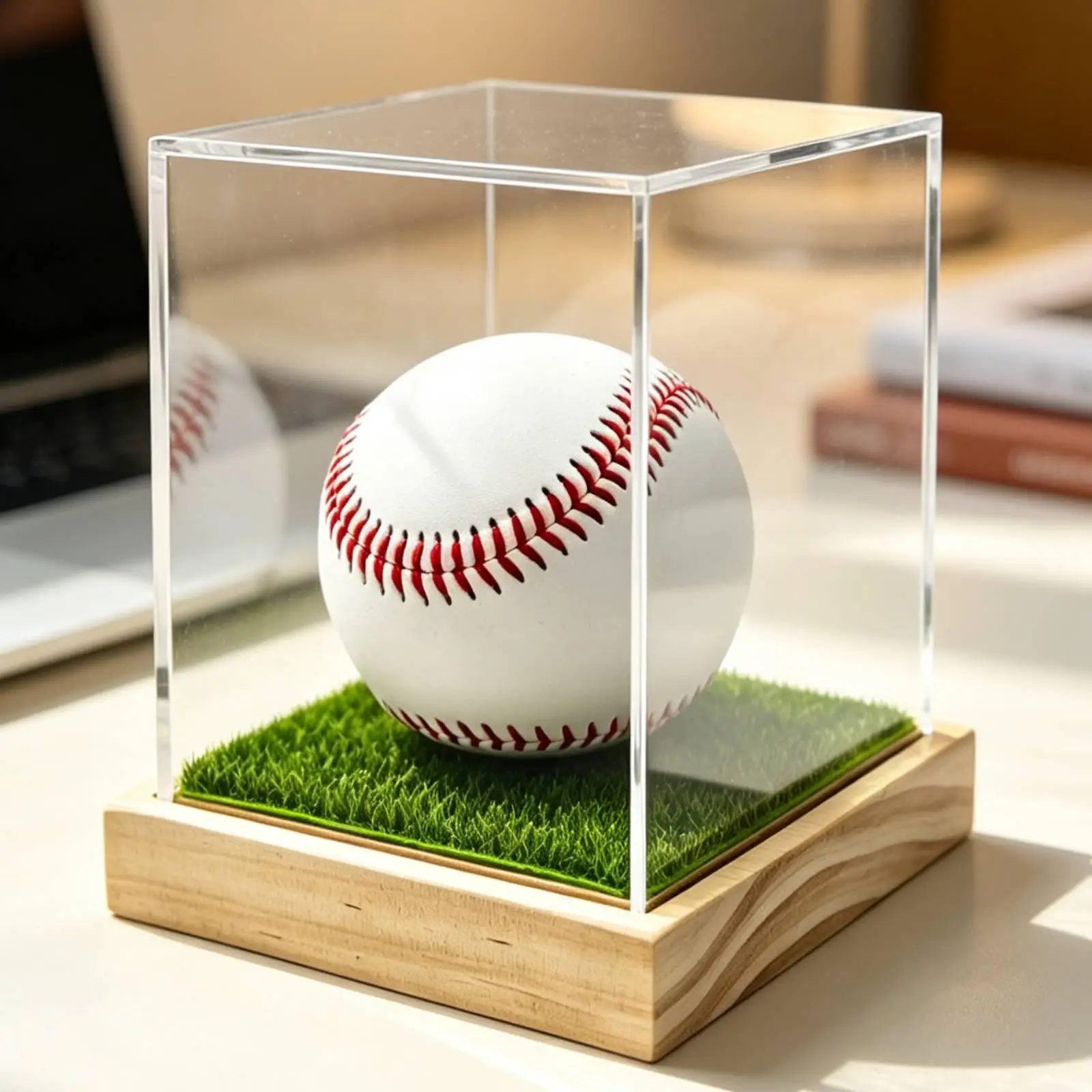 Baseball Holder Stand Cube Clear Acrylic Protector Display Case with Wooden Base for Official Ball Display