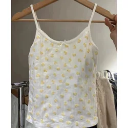 Sweet Women Beige Duck Printed Camisole 2024 Fashion Summer Ladies Lace Sleeveless Bowknot Camis Casual Female Cute Soft Camis