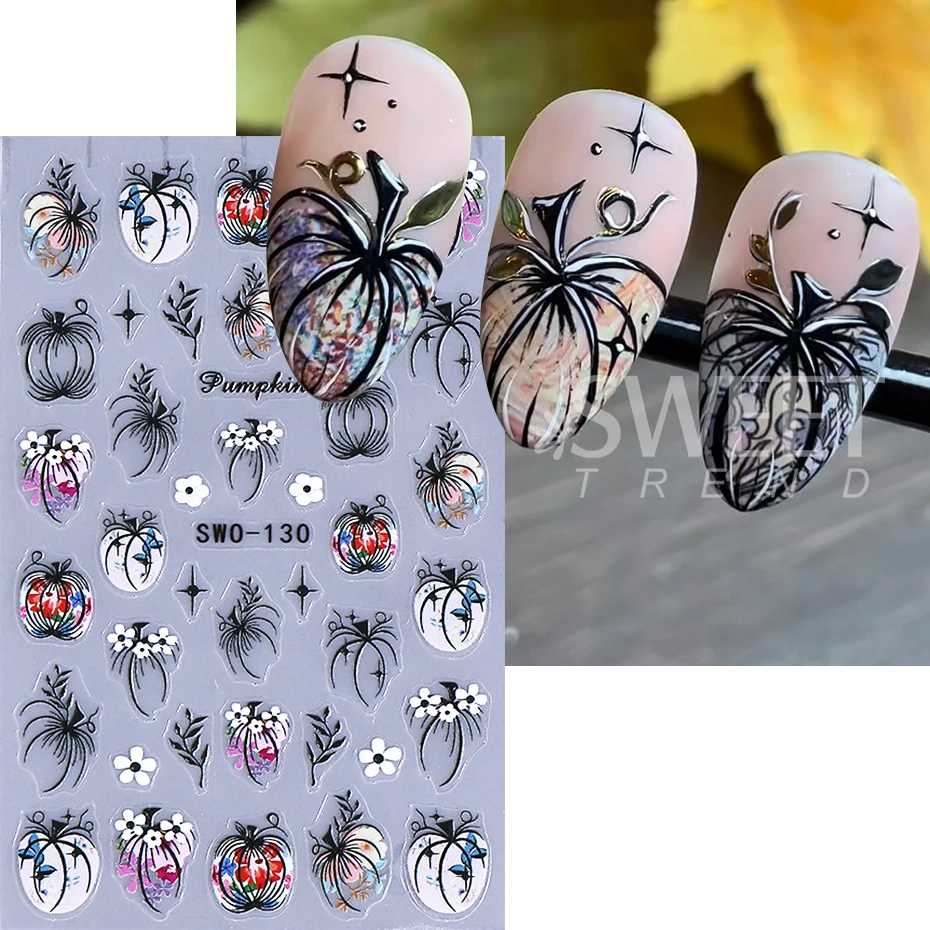 2 Stuks Cartoon Herfst Pompoen Nail Stickers 3D Esdoornblad Bloemblaadjes Lijm Nail Decals Sliders Diy Thanksgiving Day Manicure Decor