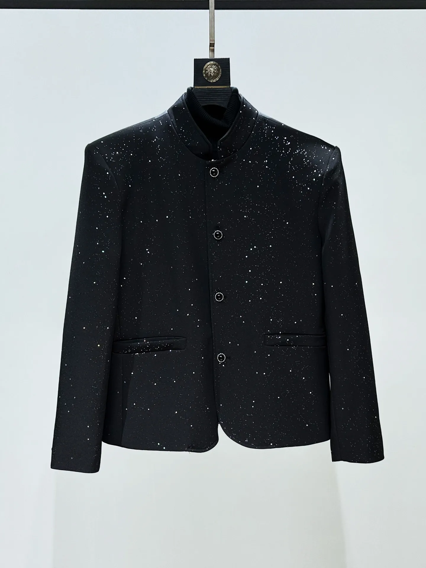 

Shiny Black Men's Suit Jacket Shoulder Pads Stand Collar New Chinese Style Spring Autumn Casual Western Clothes