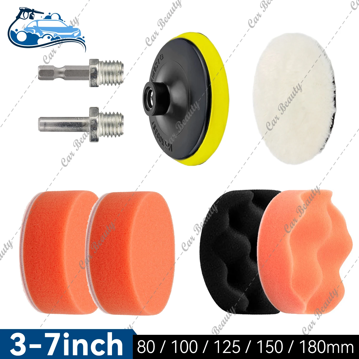 3-7inch Car Polishing Sponge Kit for Car Detailing 7/8 Pieces Auto Cleaning Wool Buffing Waxing Pad with Drill Adapter M10/M14