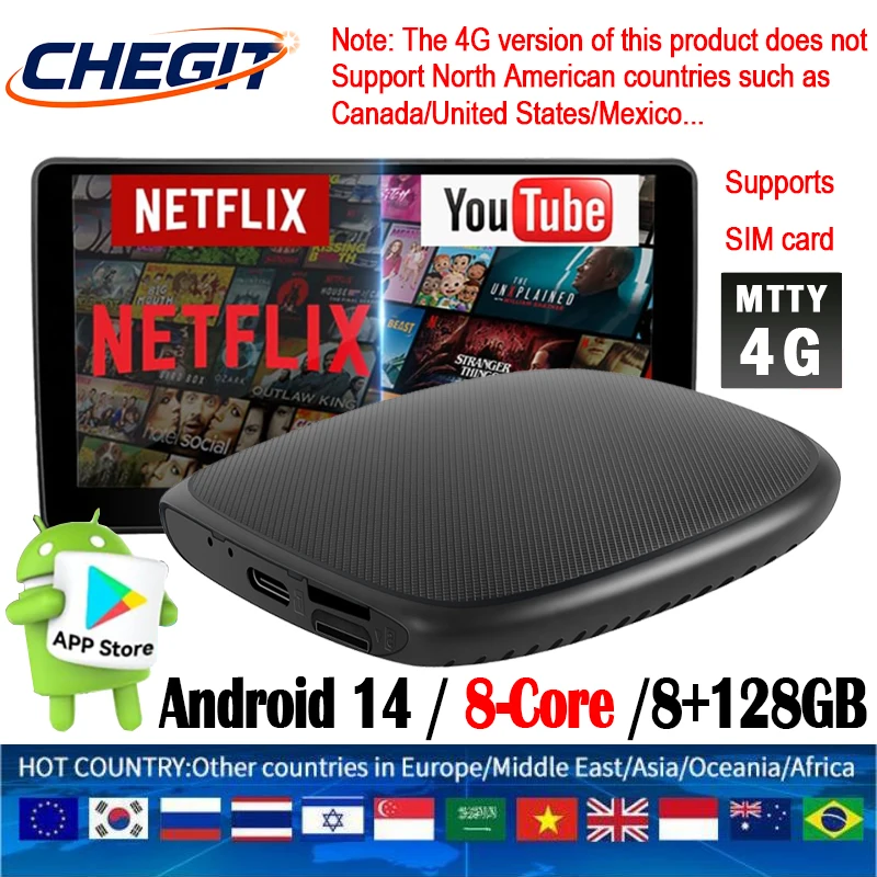 Adaptateur universel Android 14 sans fil Android Auto, 8 cœurs, CarPlay AI Box, prend en charge la carte 4G/SIM pour Tikitok YouTube Netflix