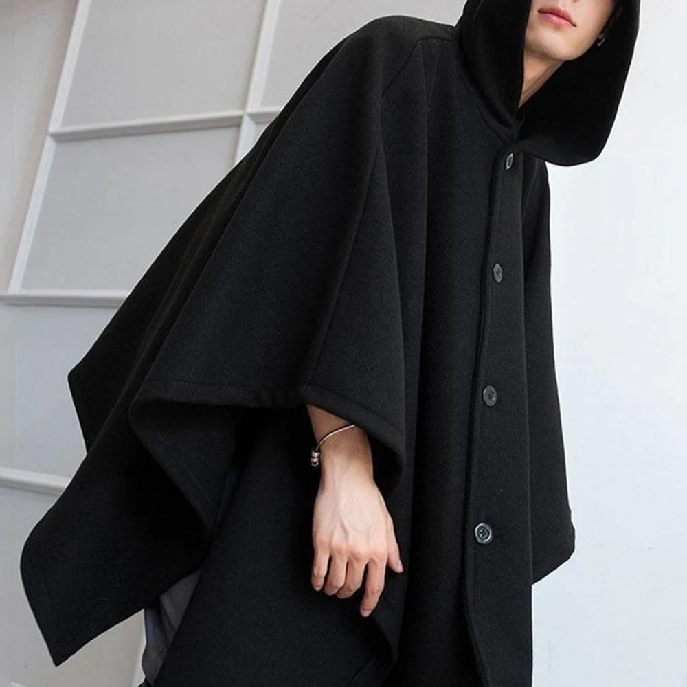 

Mens Dark Style Mid-Length Casual Hooded Cape Autumn And Winter Genderless Fashion Retro Loose Solid Color Shawl Cape Unisex