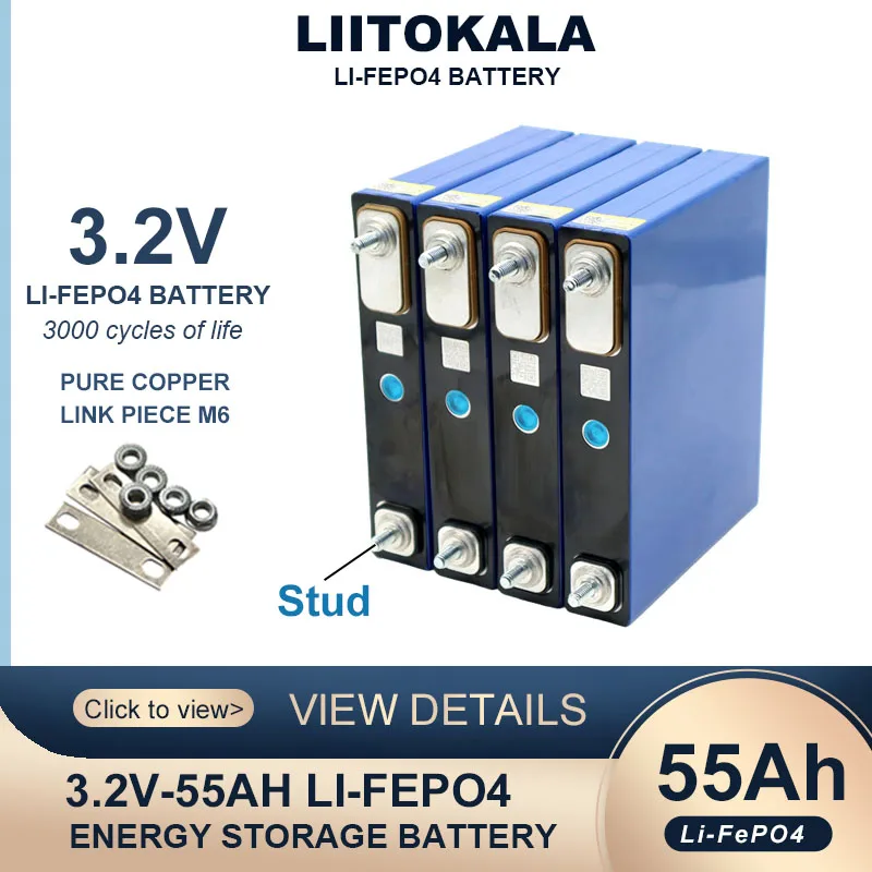 Liitokala 3.2V 55Ah LiFePO4 battery pack phosphate 55000mAh batteries for 12V 24V 3C Motorcycle Car Motor Modification M6 Stud