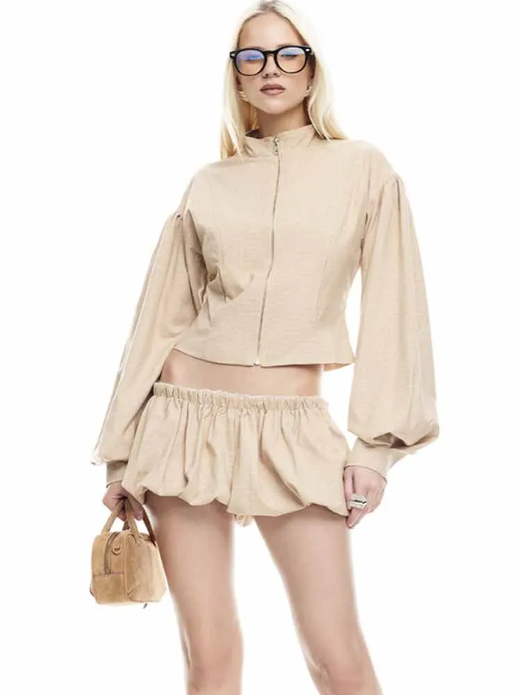 MCDV Set Celana Pendek Jaket Modis Bergaris Mantel Bomber Ritsleting Leher Berdiri Lengan Panjang Wanita Celana Pendek Kuncup Mini 2 Potong Pakaian Wanita Jalanan