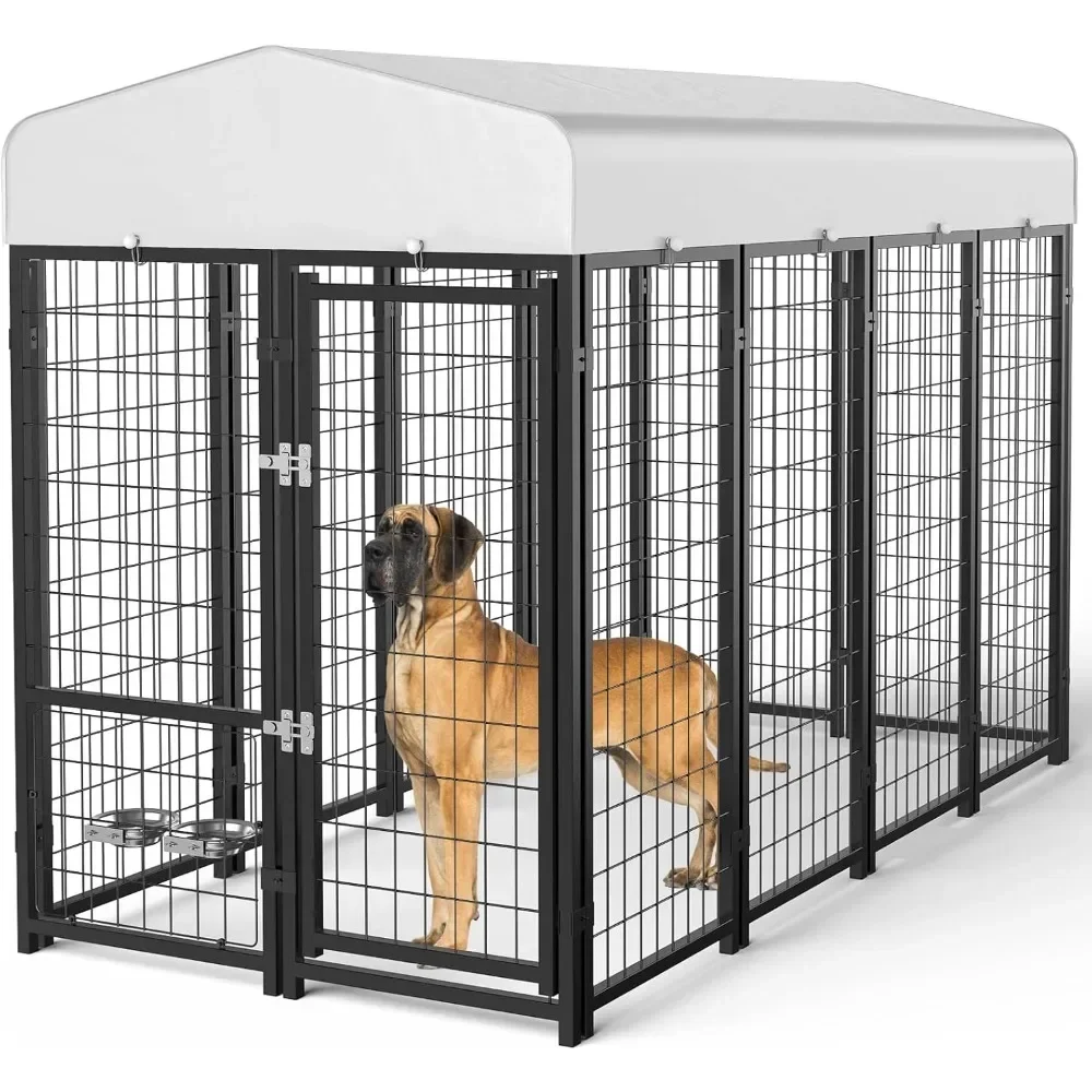 

Dog Kennel Outside with Removable Small Door&Bowls - 7.8x3.7x5.7FT Large Dog Kennels with Roof for Large Dogs Breed Heavy Duty