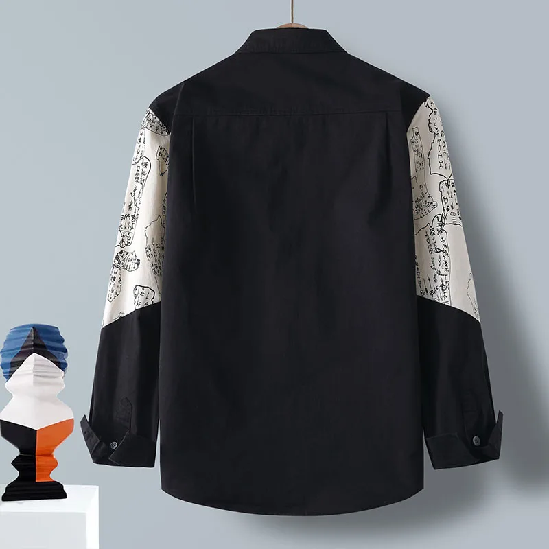 2026 Spring Men'S Large Size shirts Casual Fashion Trendy Loose High-Quality Splicing Versatile Solid Color Long-Sleeved Shirt