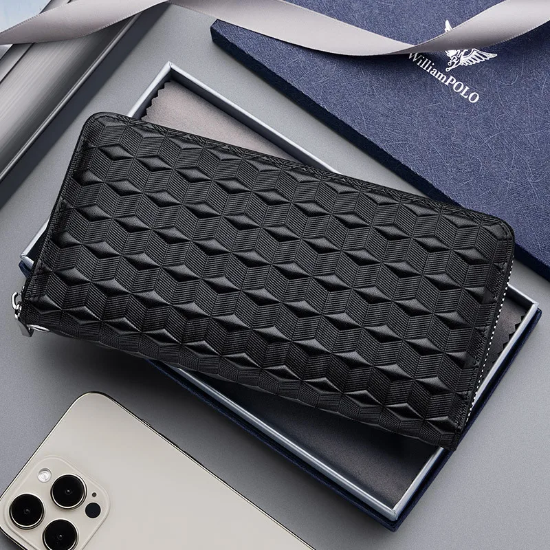 WILLIAMPOLO Genuine Leather Men's Wallet Clutch Bag Card Holder Long Wallets Double Zipper Large Capacity Vintage Male Purses