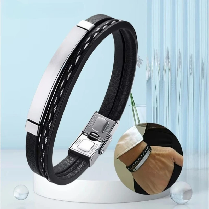 

Personalize Custom Engrave Name Men's Wish Stainless Steel Leather Bracelet with Curved Pu Leather Woven Bracelet Accessories