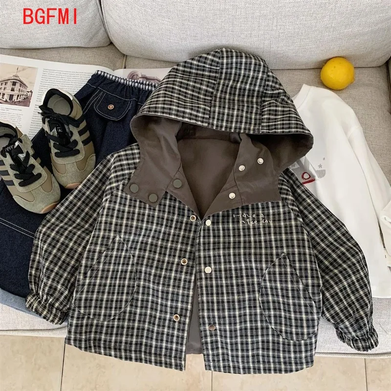

2-11Y Children's Plaid Jacket Spring and Autumn 2025 New Baby Casual Hooded Double-sided Top Children's Clothing Boys Handsome