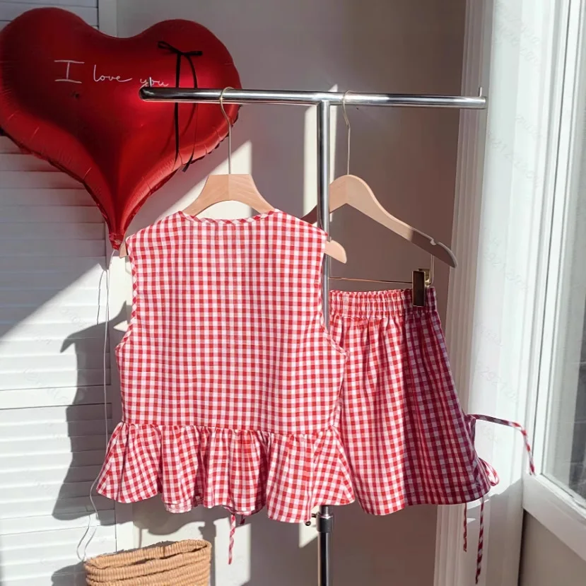 Verão feminino doce rendas até conjuntos de gravata borboleta k-estilo xadrez rendas sem mangas colher pescoço bonito saia de cintura alta conjuntos casuais para senhora