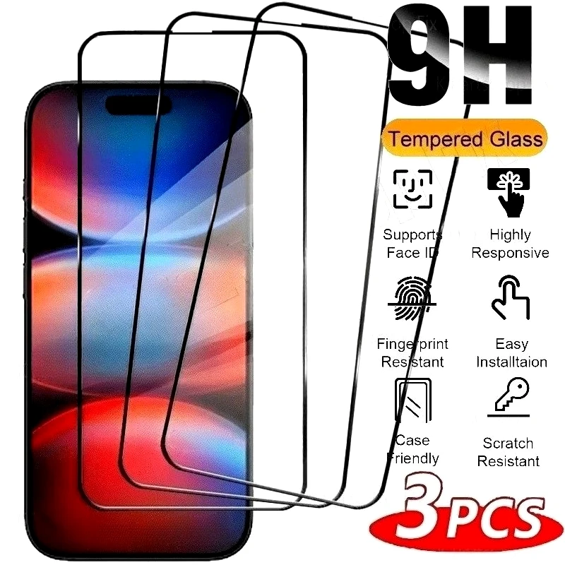 

3Pcs Full Cover Screen Protector for iPhone 17 16 15 14 Pro Max Air 15 16 Plus Tempered Glass for iPhone 13 12 11 Pro XR XS Max