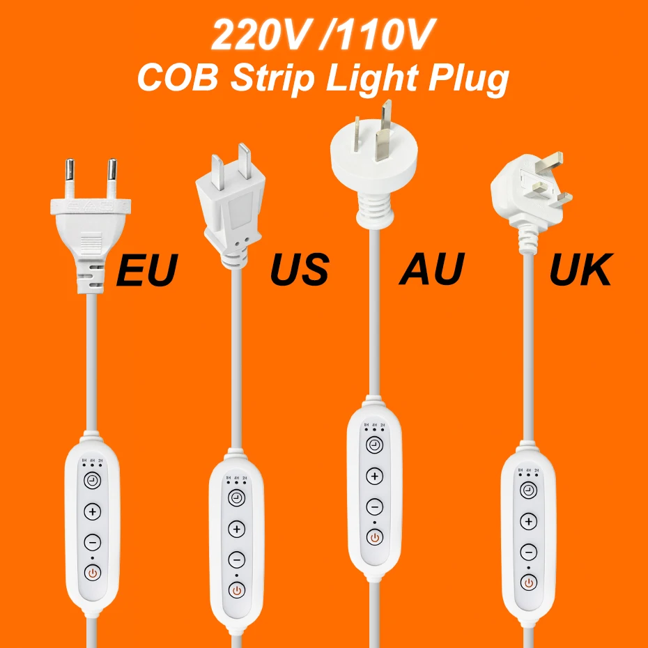 EU/US/AU/UK Plug Dimmer Timer Switch Power Supply for 110V/220V 10mm COB LED Strip Light with ON/OFF Control