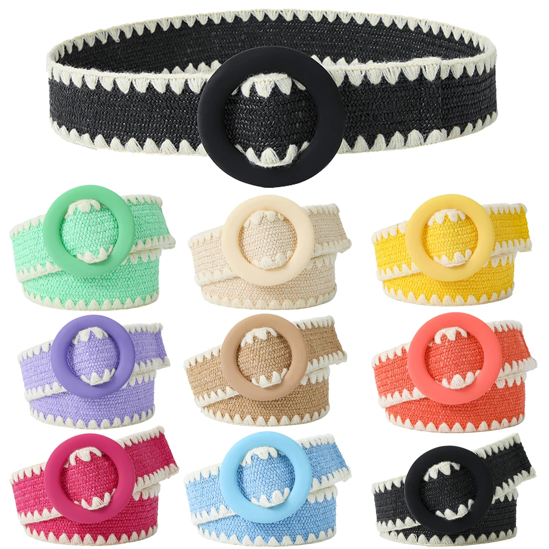 Women Fashion Belt Straw Woven Elastic Wide Strap with Matching Round Buckle