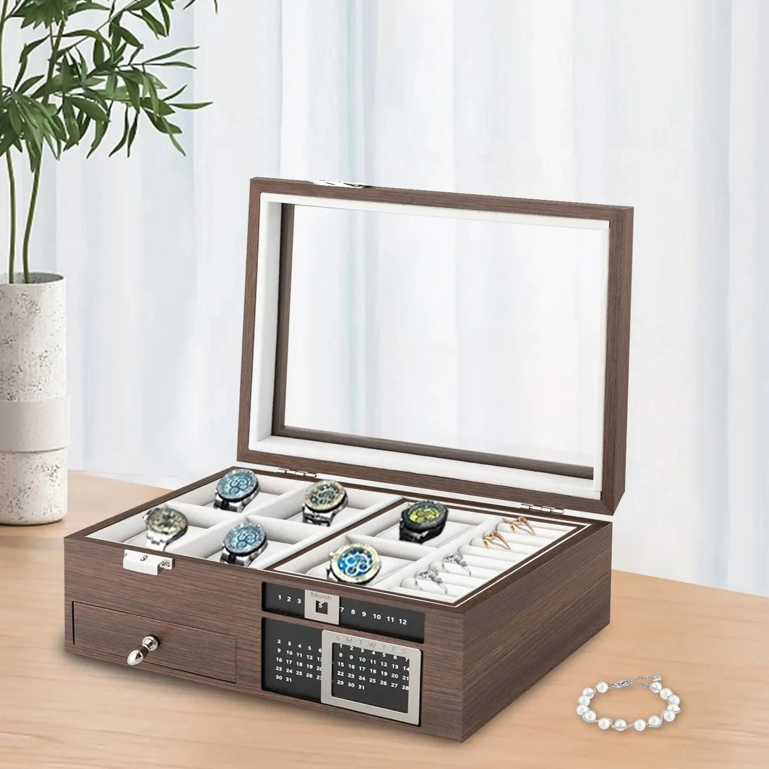 

2 Layer Large Jewelry Storage Case 6-Slot Watch Box with Real Glass Lid Calendar Drawer