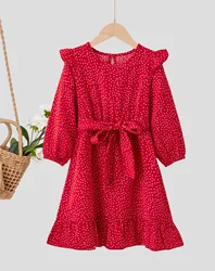 Girls' fashionable red polka dot dress, comfortable and breathable, bow belt design