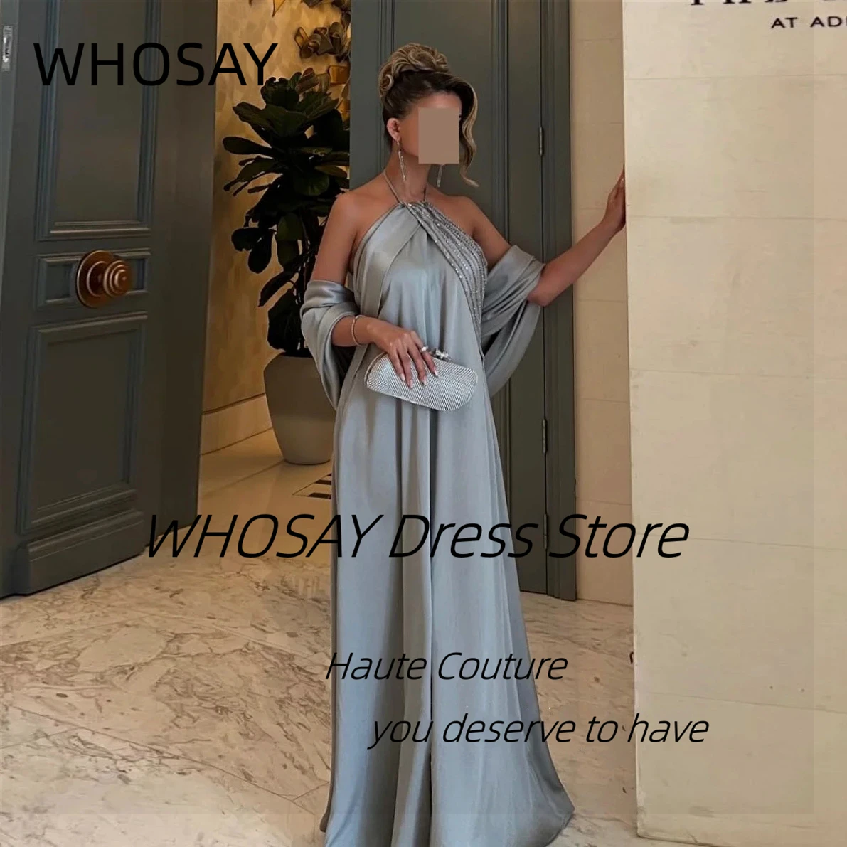 

WHOSAY Индивидуальные платья для выпускного вечера с бретелькой на шее и бисером, сексуальные вечерние платья сзади, шали, длинные рюши, специальное вечернее платье