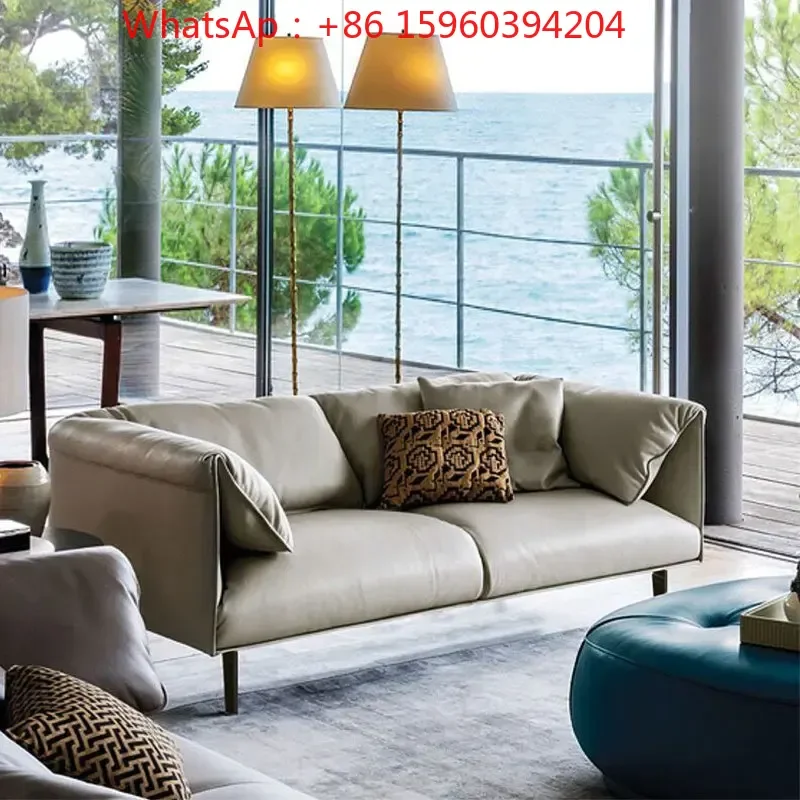 Italian minimalist three-person leather sofa Modern minimalist living room bedroom small and medium-sized apartment first-floor