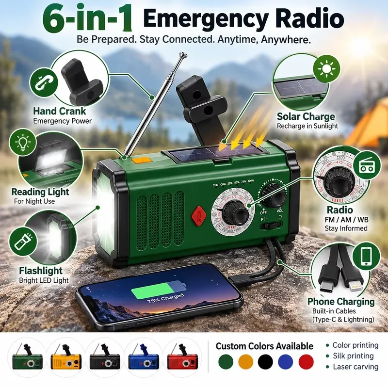 BOLRZO Multifunctional SOS Alarm Flashlight Noodradio FM AM Portable Emergency 5000mAh Charger Power Bank, Hand Cranked Solar
