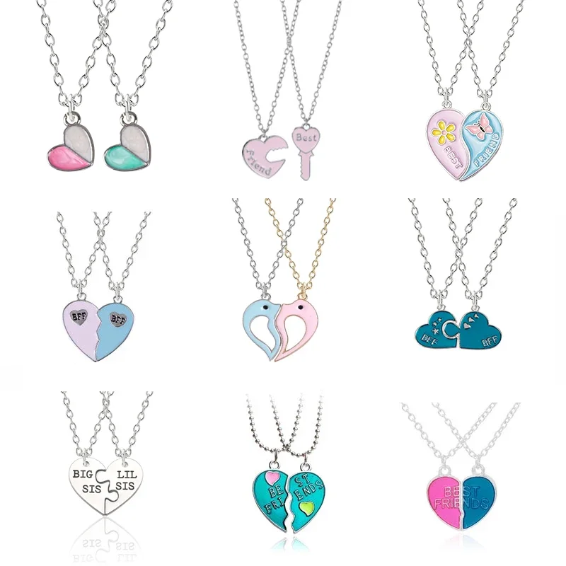 Hot Couple Pink Blue Heart Broken Best Friends Necklace Pendant Chain BFF Friendship Cute Jewelry Gifts For Kids 2PCS/Set