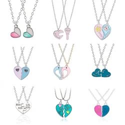 Hot Couple Pink Blue Heart Broken Best Friends Necklace Pendant Chain BFF Friendship Cute Jewelry Gifts For Kids 2PCS/Set