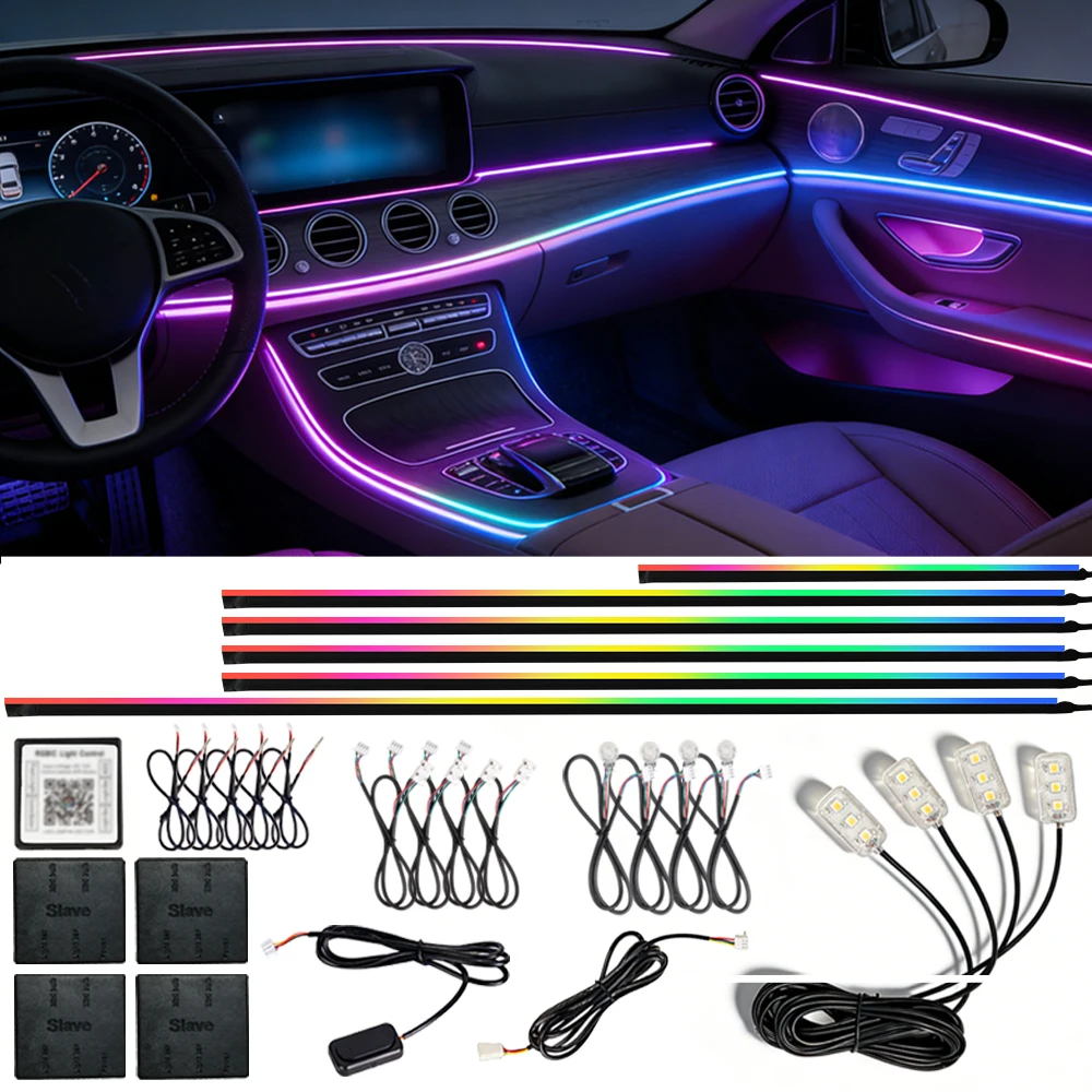 

Автомобильная интерьерная подсветка 18-в-1 RGB, 64 цвета, неоновая лента, двухзонная, скрытая акриловая полоса, управление через приложение, музыкальная атмосферная лампа