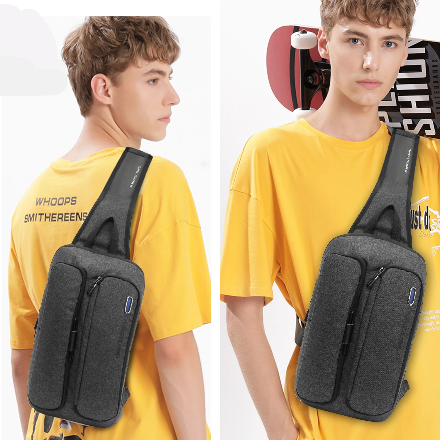 KINGSLONG-Bolso de pecho multifuncional para hombre, bolsa informal para deportes al aire libre, impermeable, con múltiples bolsillos y puerto USB, para ordenador portátil